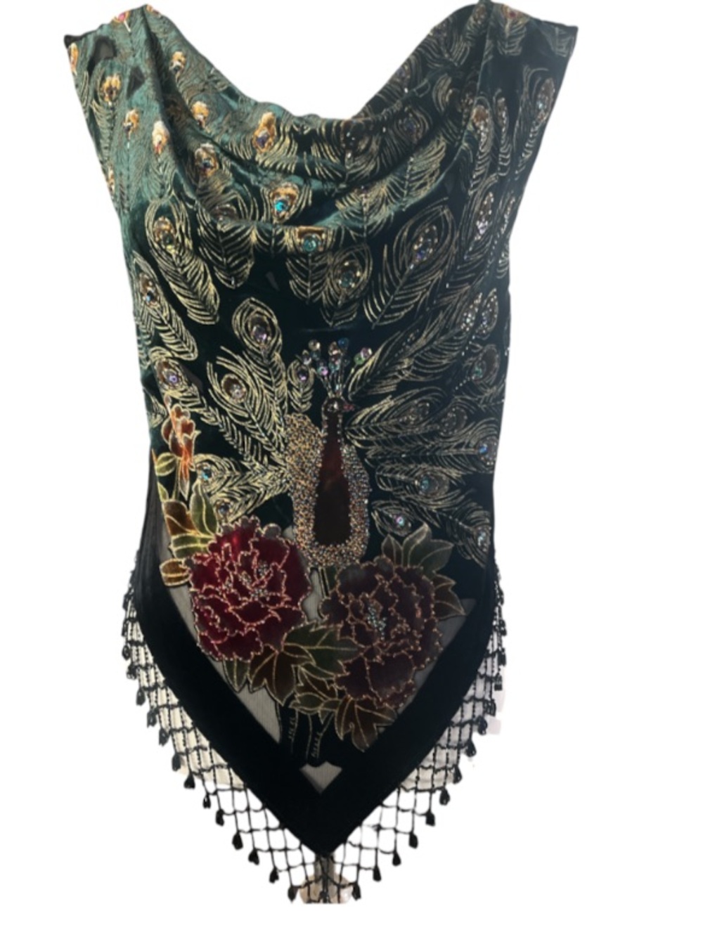 Vintage Art Deco Silk Velvet Peacock & Feathers Beaded top